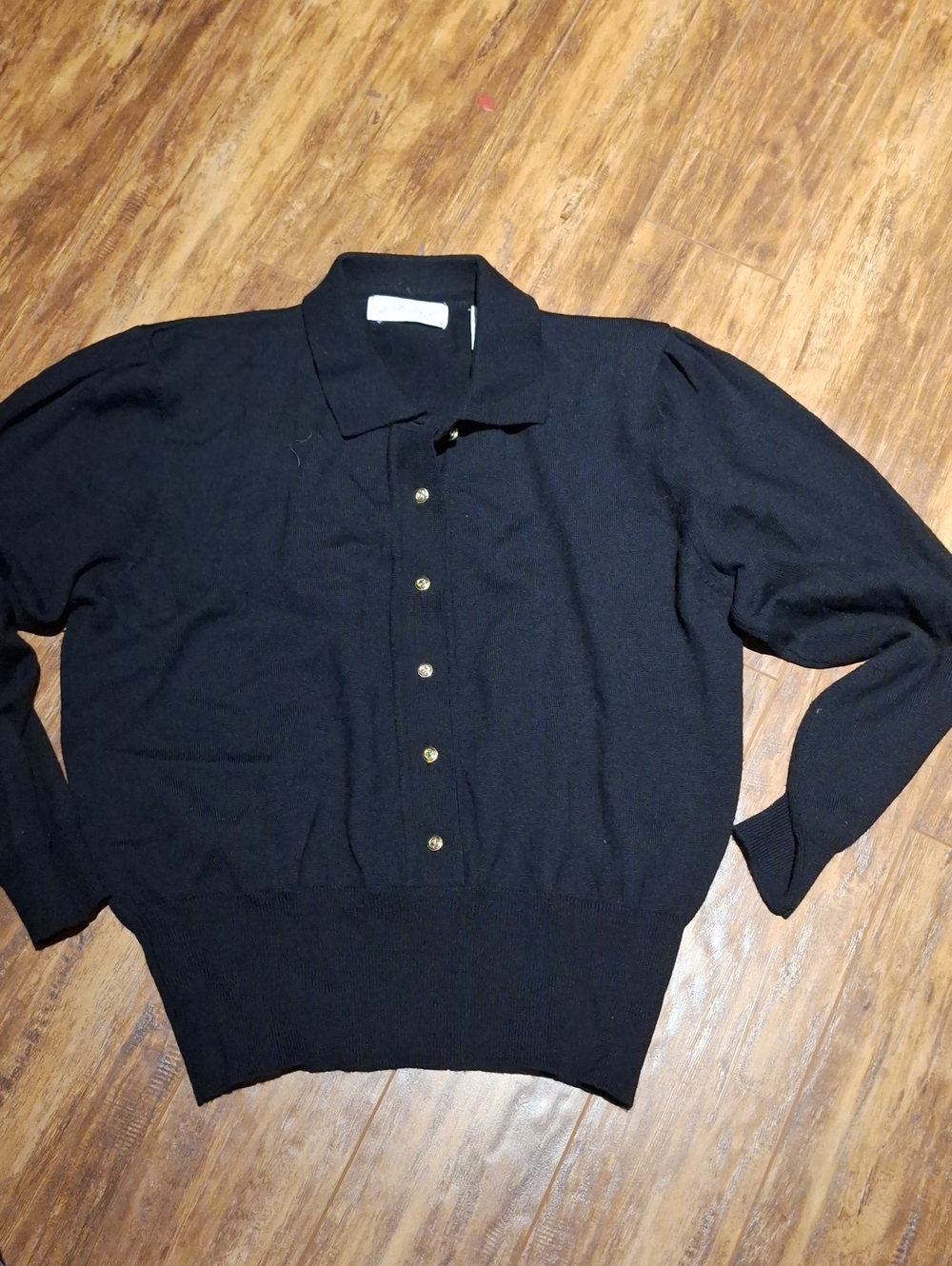 Womens Black Button-Front 100% Merino Wool Fine Knit Sweater with Gold Buttons